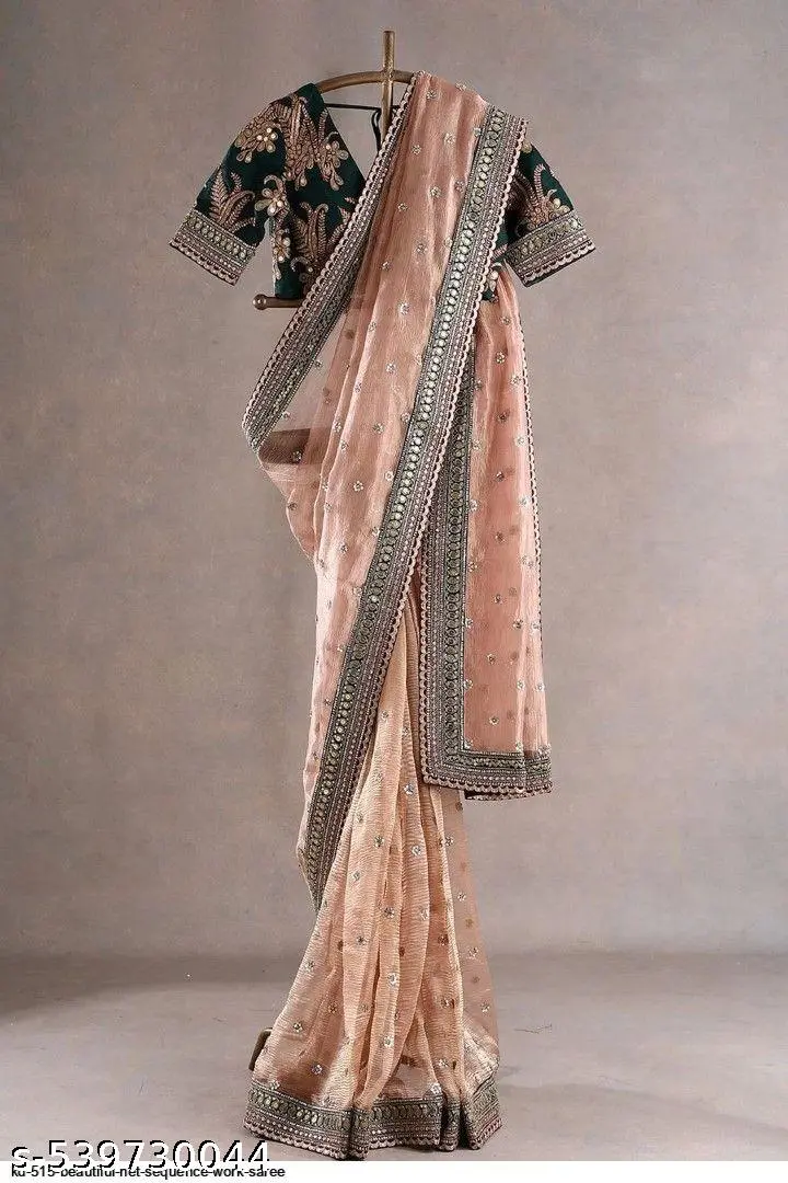 Peach Twill Net Embroidered Wedding Saree - Image 2