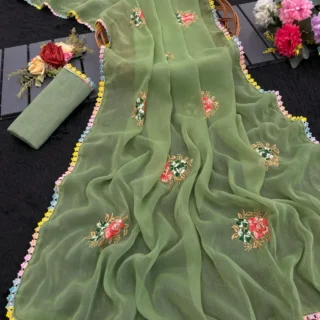 Shimmer Silk Embroidered Saree with Lace