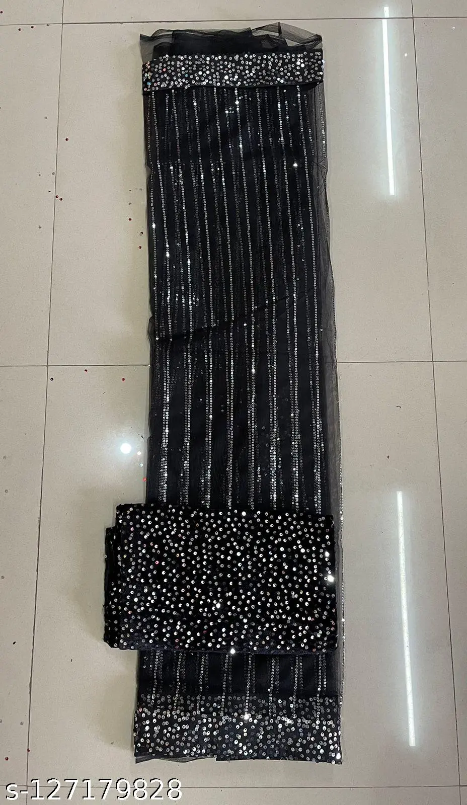 Black Sequinned Saree with Velvet Blouse - Image 2