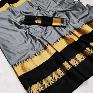 kskg0_1024.webp Grey & Black Elephant Cotton Silk Saree