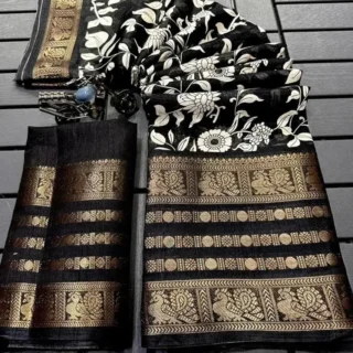 Dola Silk Saree: White, Black Print