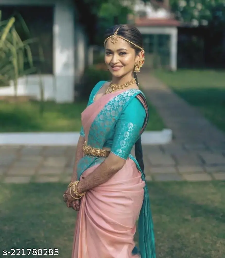 Peach Kanchivaram Silk Saree Sky Blue - Image 2