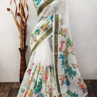 Zari Border Digital Print Linen Saree