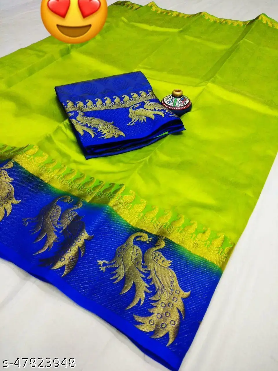 Emerald Kanjeevaram Silk: Blue Peacock Border - Image 2