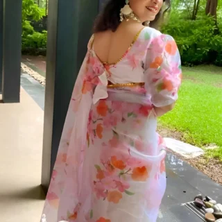 White Floral Organza Saree: Stitched & Ready