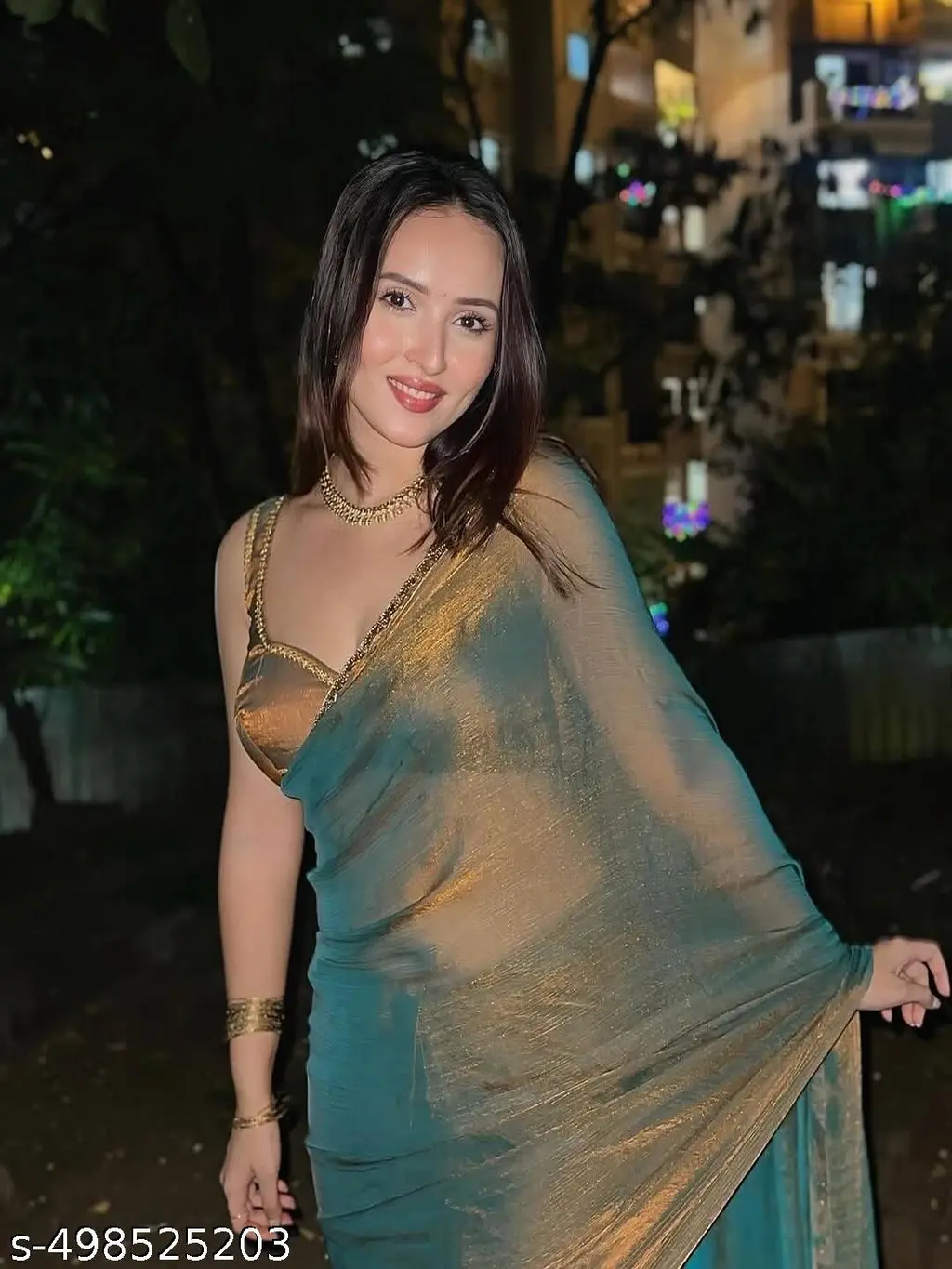 Gold & Rama Chiffon Silk Designer Saree - Image 2