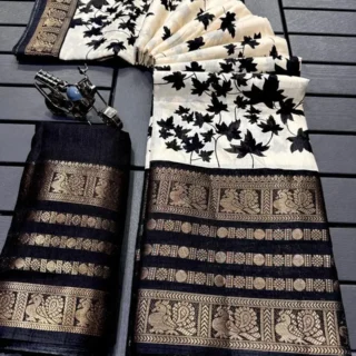 Dola Silk Saree: White, Black Print