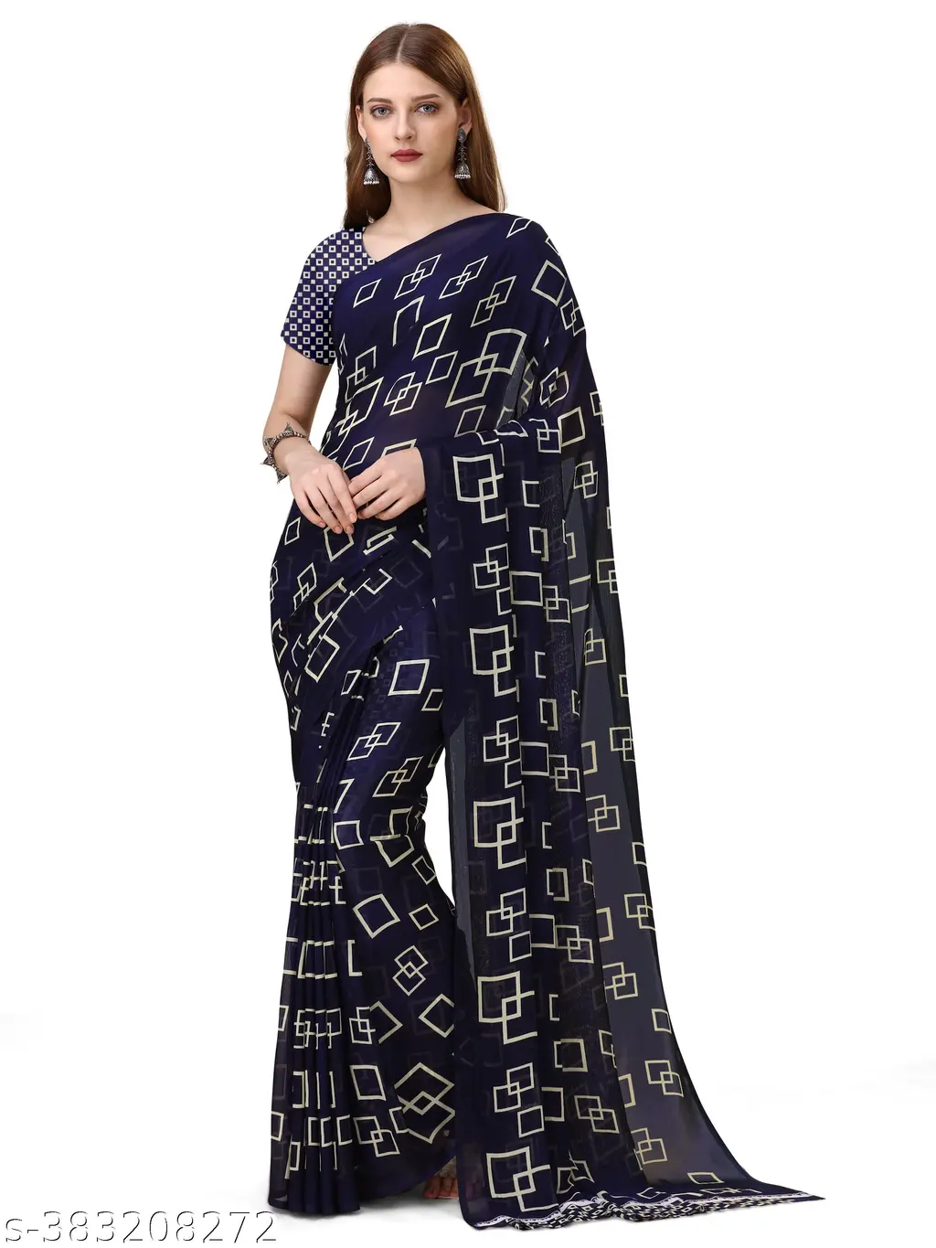 Georgette Geometric Blue Saree Blouse Piece - Image 2