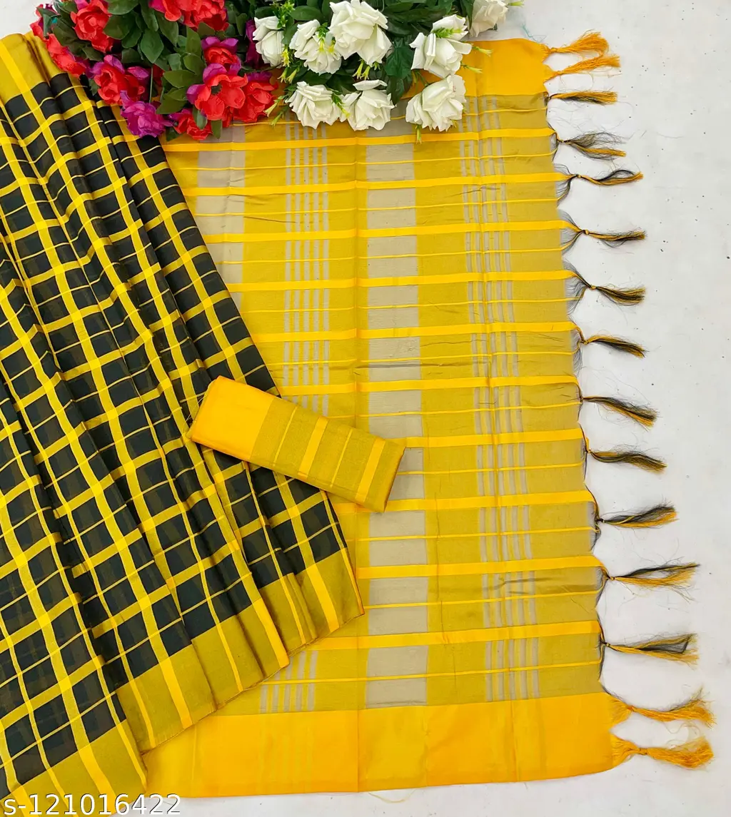 Black Cotton Silk Jacquard Saree with Tassels - Image 4