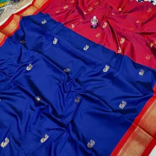 Navy Blue Red Paithani Sico Saree
