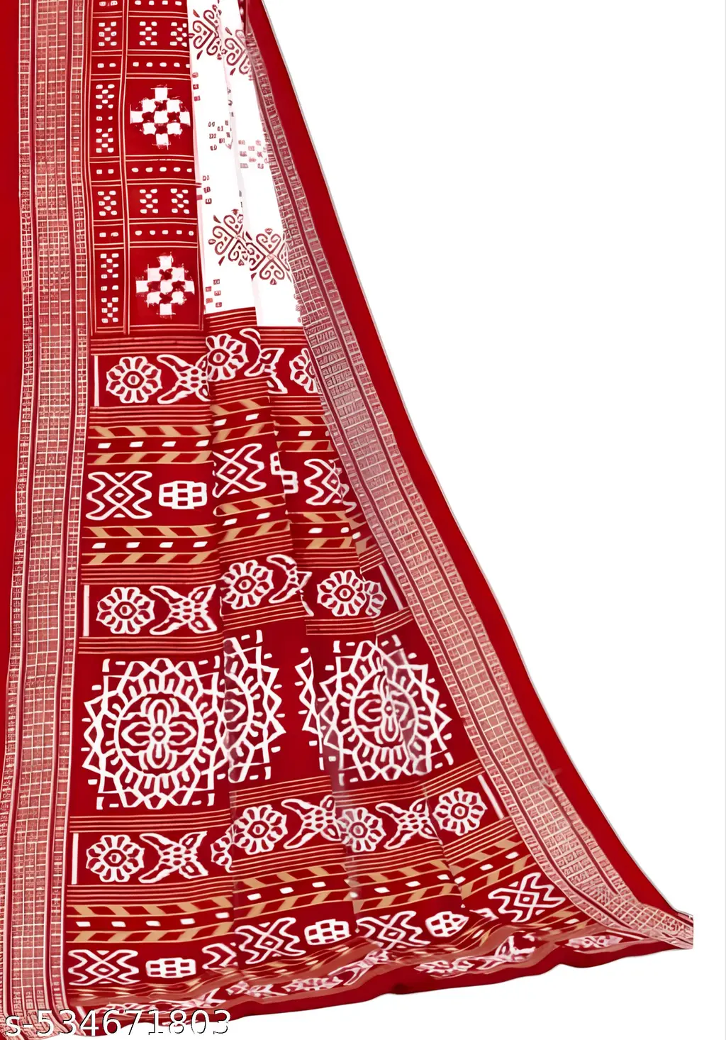 White & Red Sambalpuri Cotton Saree - Image 3