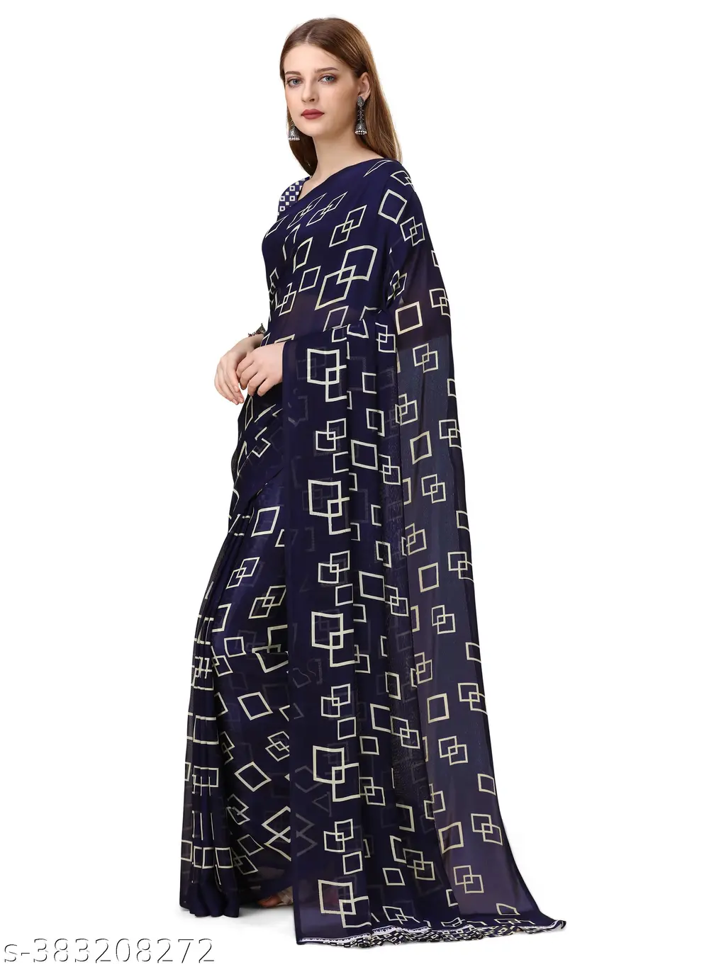 Georgette Geometric Blue Saree Blouse Piece - Image 4
