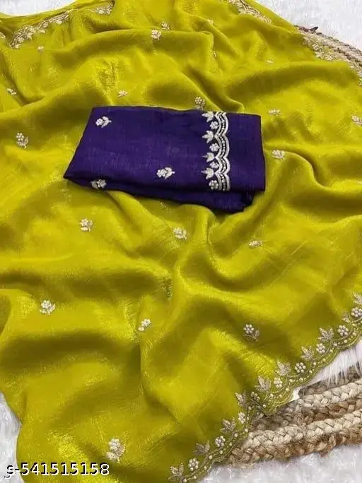 Lemon & Purple Embroidered Saree Set - Image 3