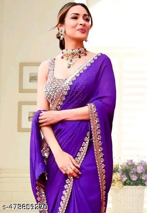 Georgette Saree: Jari, Sequence, Lace - Image 3