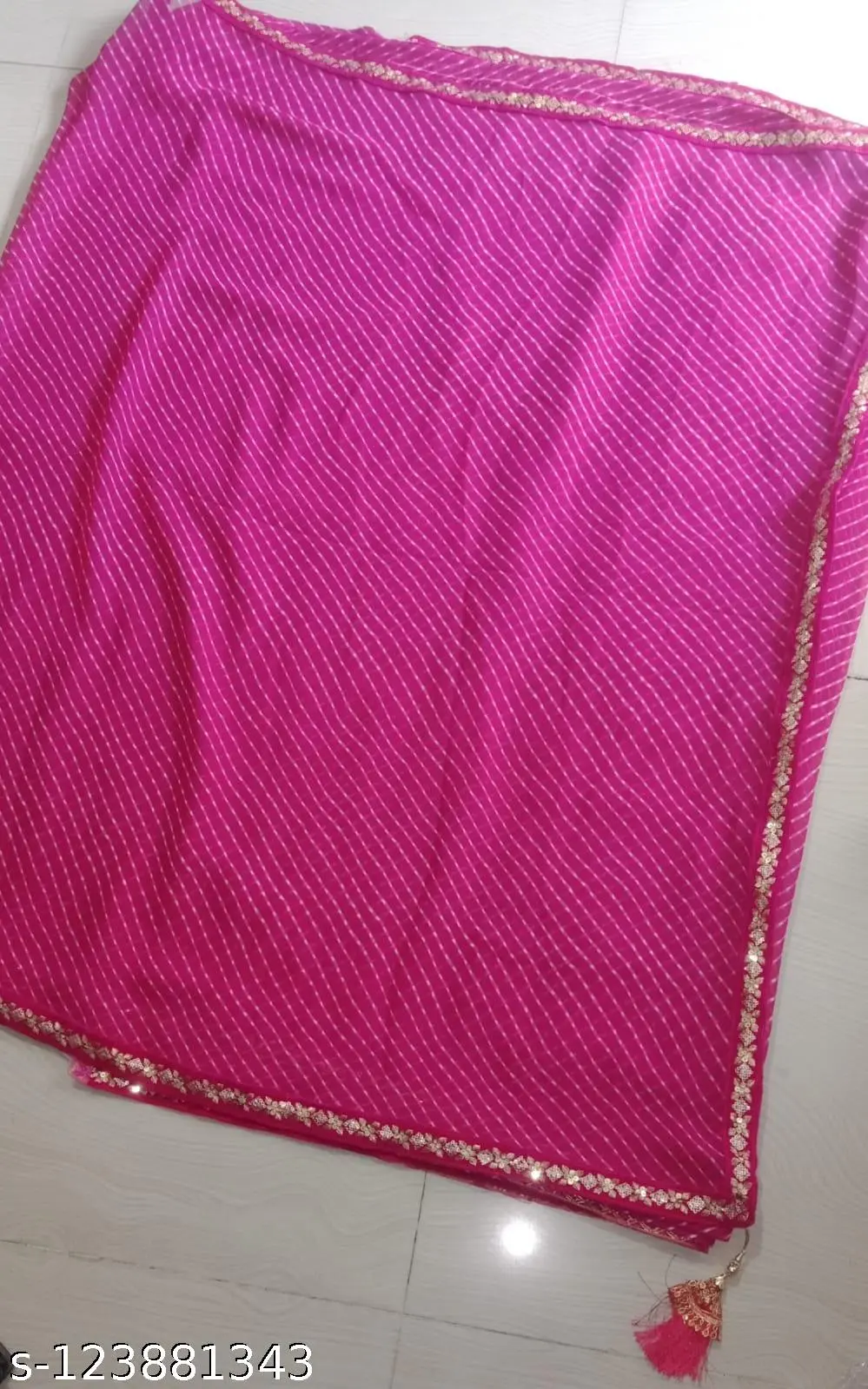 Pink Leheriya Georgette Saree with Lace - Image 3