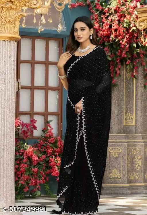 Satin Silk Saree: Beaded, Stone Border - Image 2