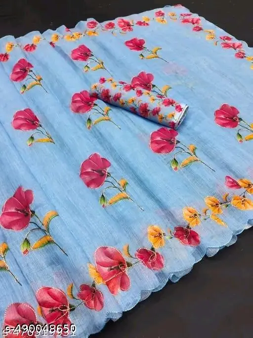 Linen Cotton Digital Print, Handwork Saree - Image 2