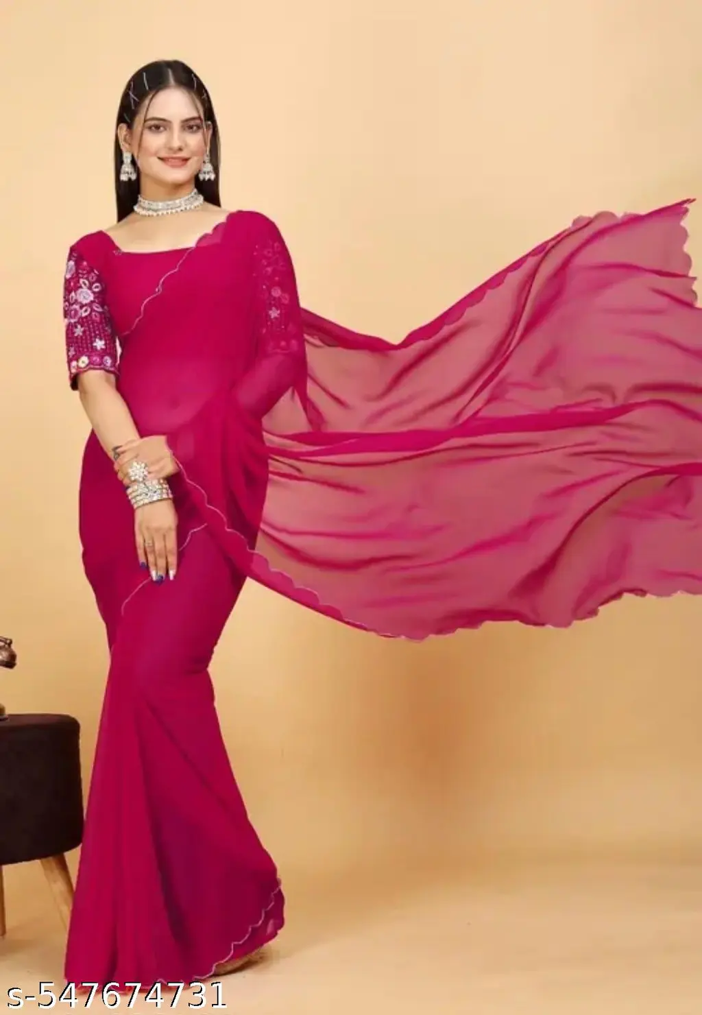 Georgette Floral Embroidered Saree with Blouse - Image 4