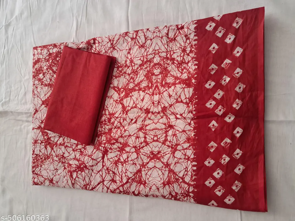 Red Batik Cotton Saree with Blouse - Image 3