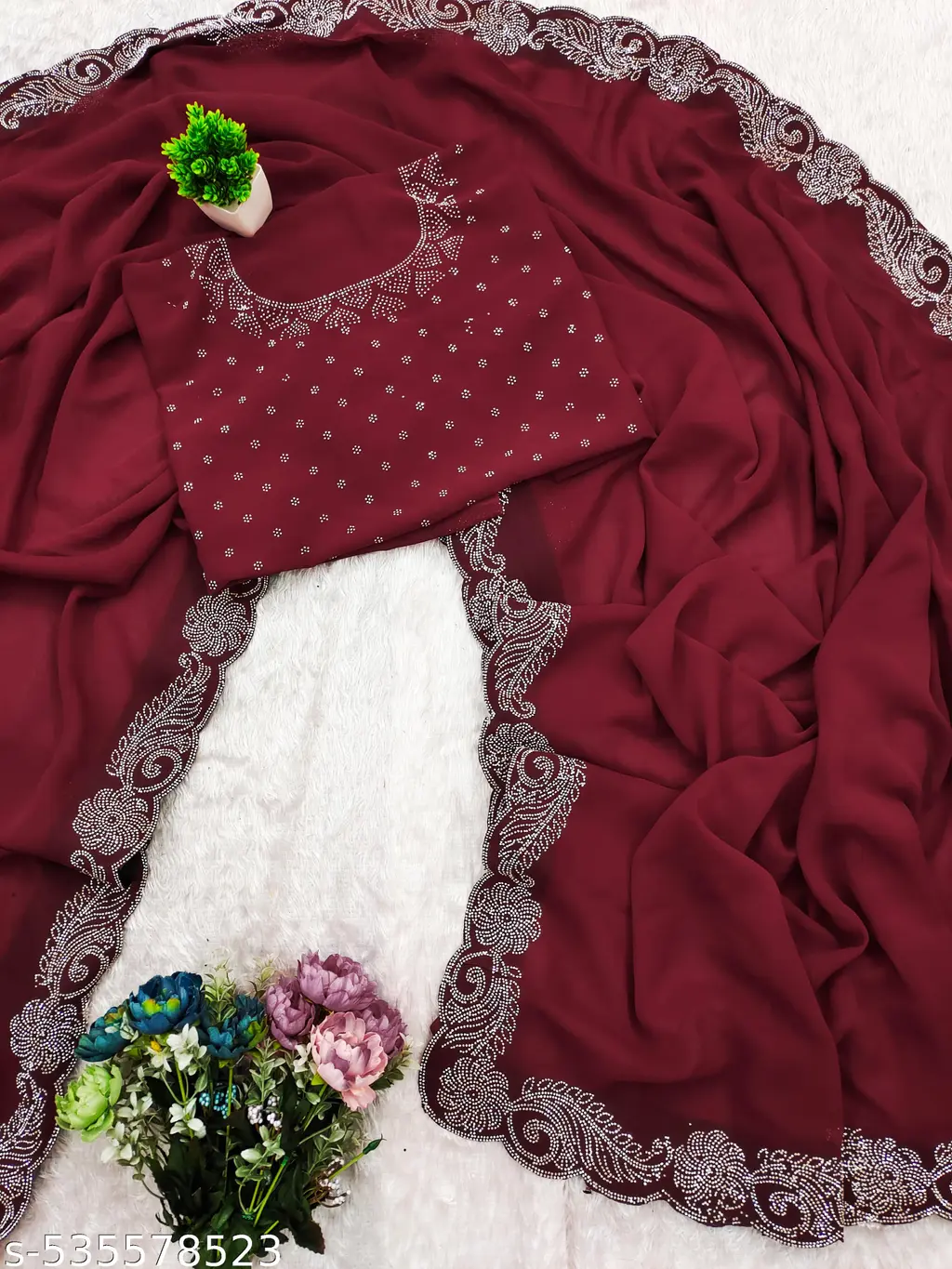 Georgette Saree: Beaded, Stone Work, Lace - Image 3