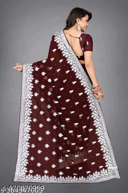 Maroon Georgette Saree: Silver Embroidery & Stones - Image 3