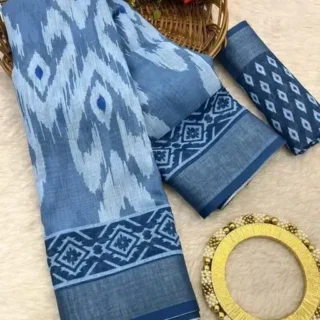 Blue Ikat Cotton Linen Saree
