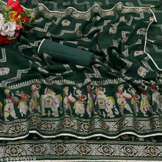 Emerald Luxe: Foil Print Silk Saree