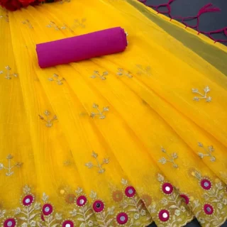 Embroidered Net Sari & Unstitched Blouse