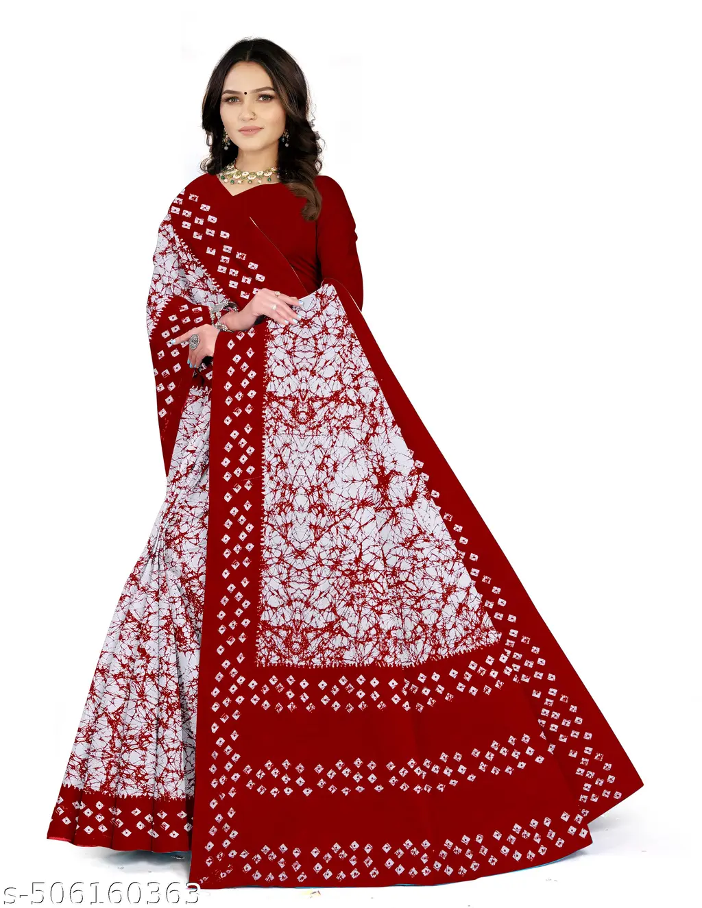 Red Batik Cotton Saree with Blouse - Image 2