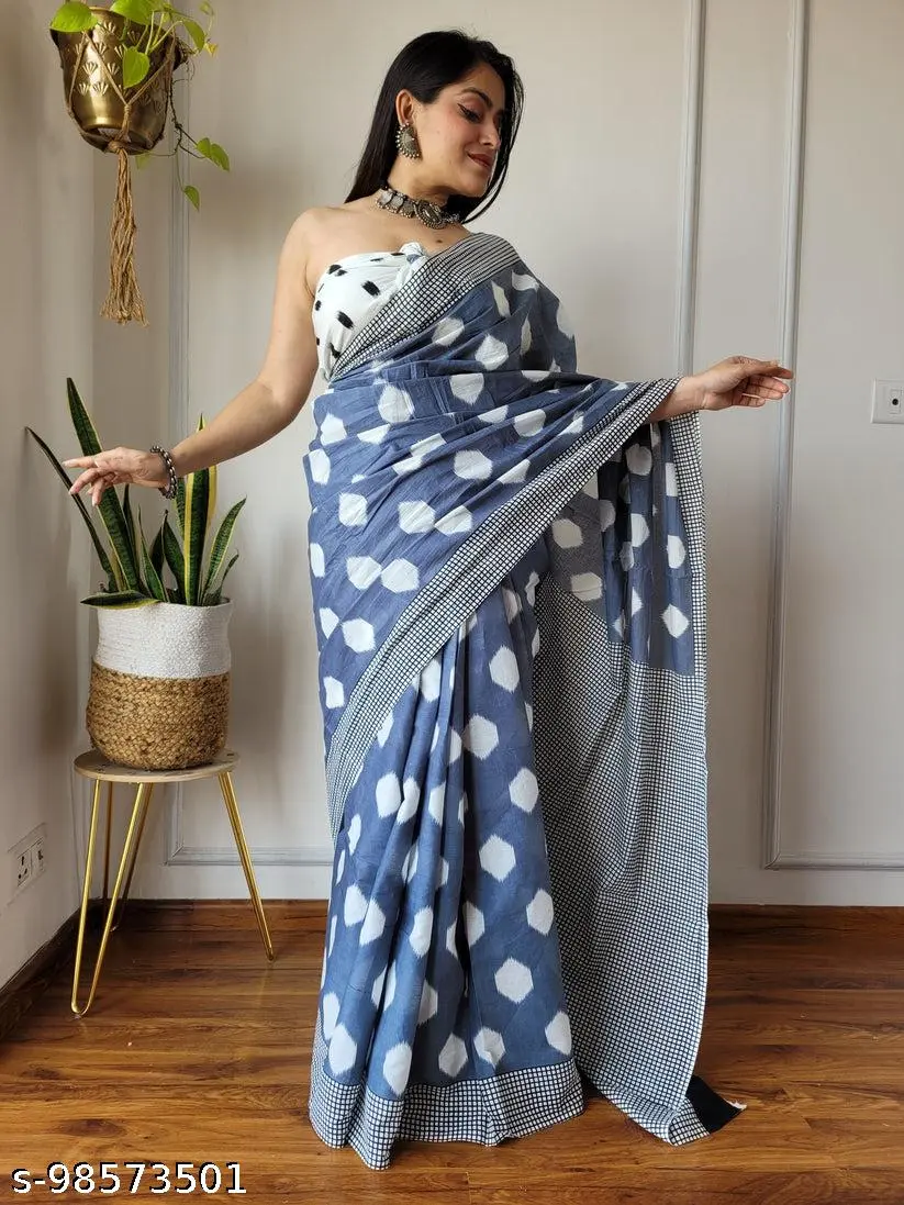 Jaipuri Hand Block Printed Cotton Saree - Image 3