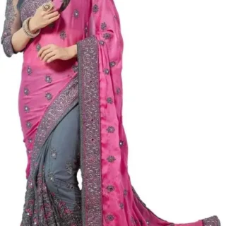 Pink Grey Embroidered Party Saree Blouse Piece