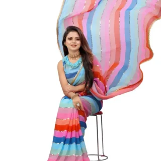 Qyra Bollywood Georgette Saree: Pink Multicolor