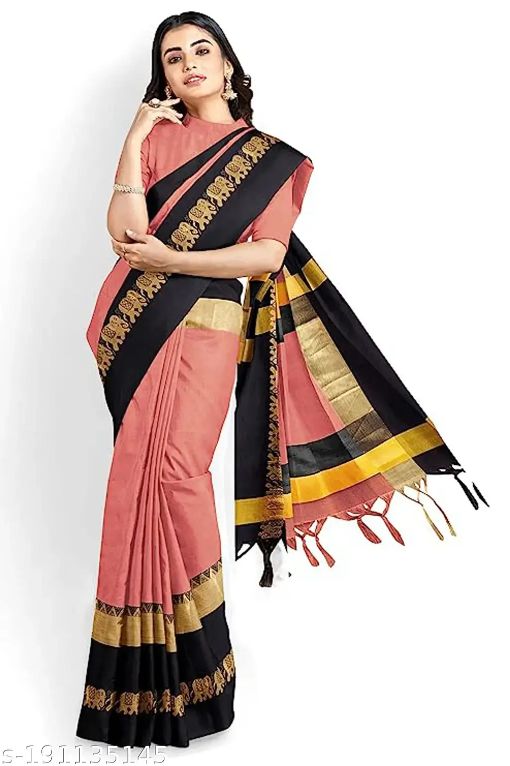 Gulabi & Black Hathi Silk Saree - Image 3
