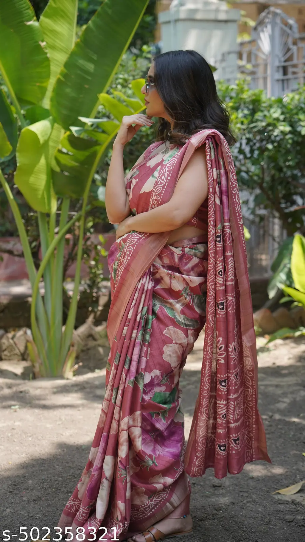 Floral Silk Blend Saree Blouse Coral - Image 2