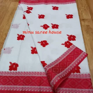 White Red Tant Joba Embroidery Saree