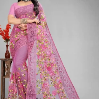Light Purple Lace Embroidery Saree Set