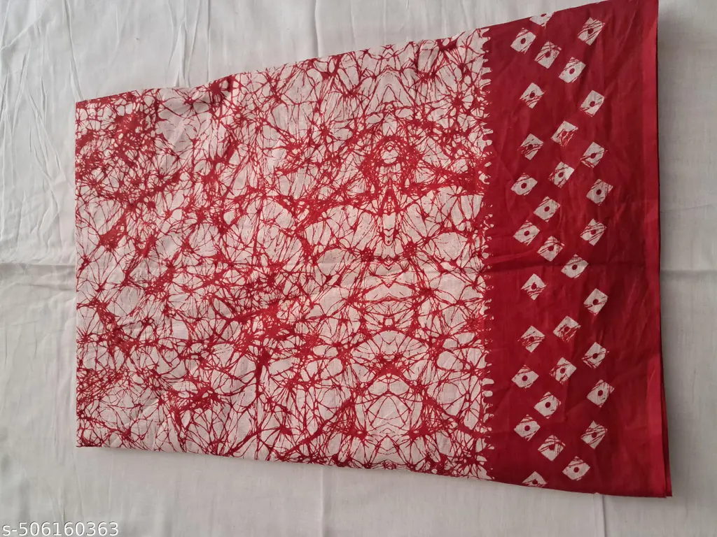 Red Batik Cotton Saree with Blouse - Image 4