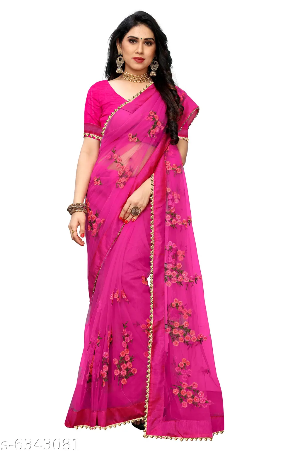 Chhelaji Embroidered Net Saree with Moti Lace - Image 3