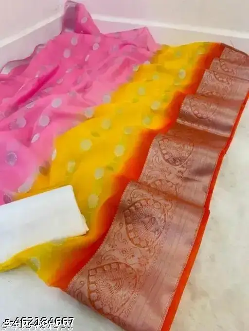 Pink Saree, Red Border, Jacquard Blouse - Image 2