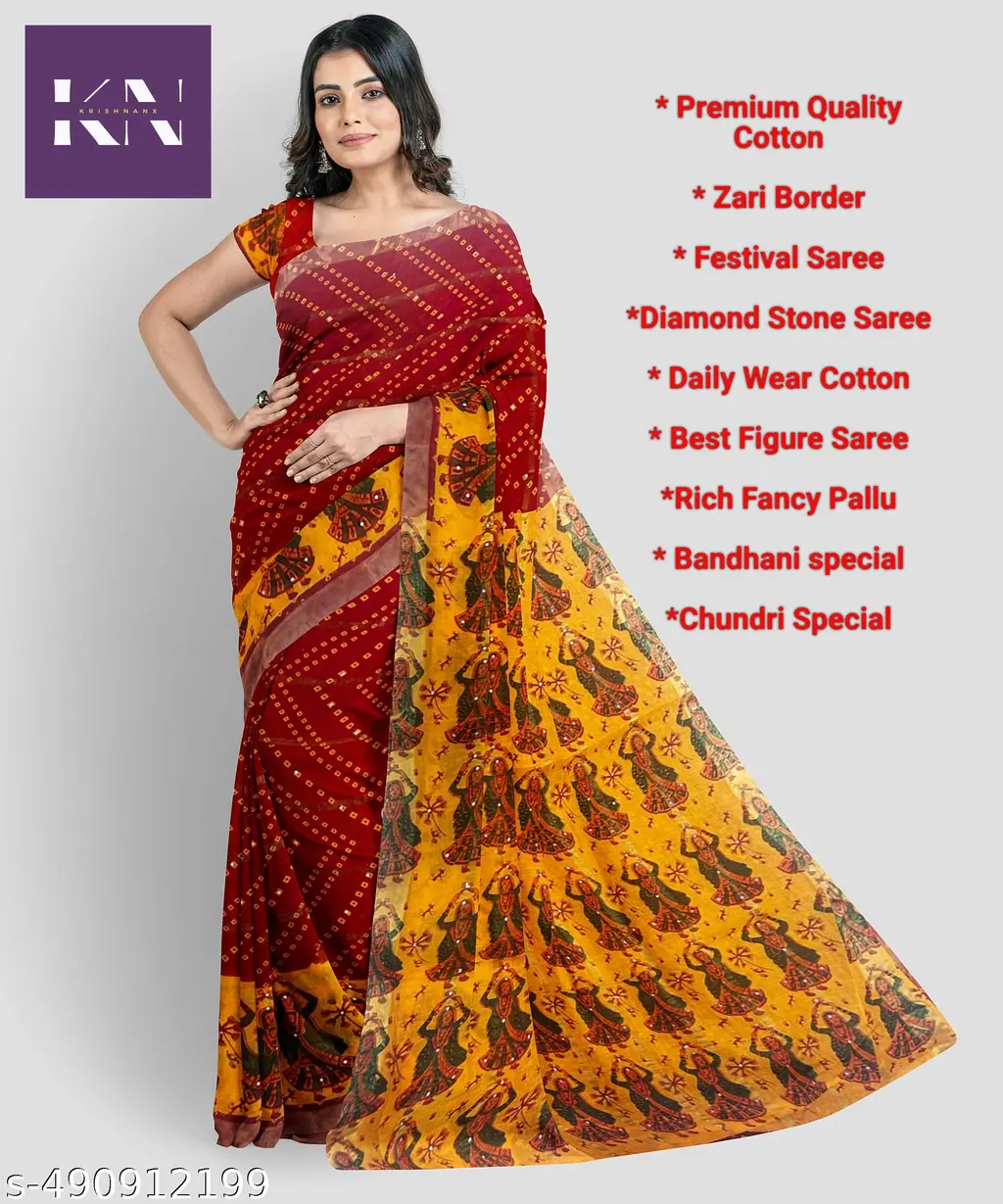 Krishna Nx Bandej Print Cotton Saree - Image 4