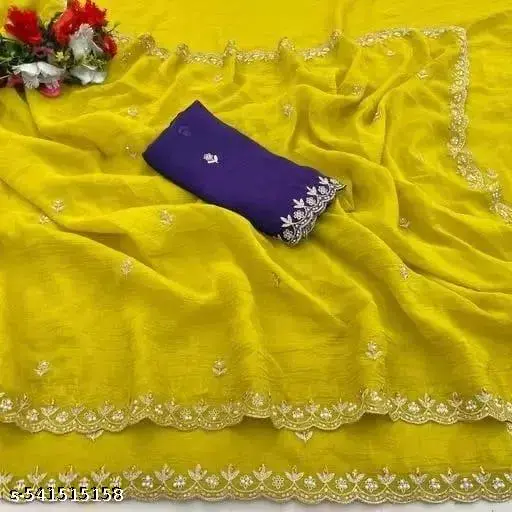 Lemon & Purple Embroidered Saree Set - Image 4