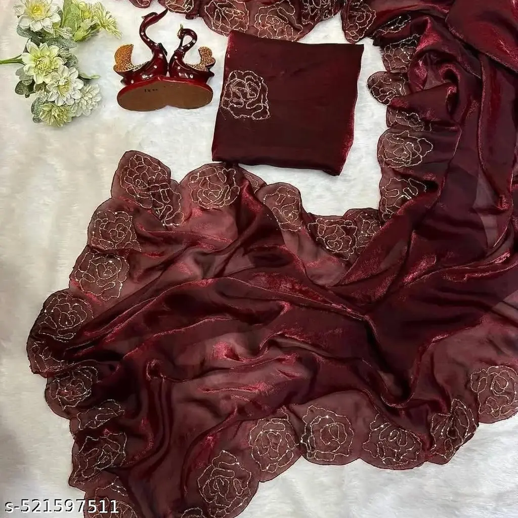 Silk Maroon Saree: Dori Work Blouse - Image 3