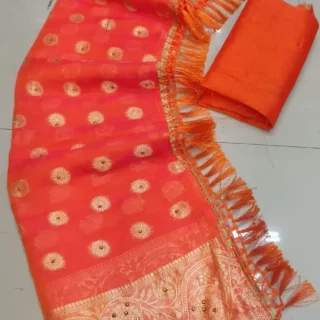 Orange Jacquard Tassels: Saree & Blouse