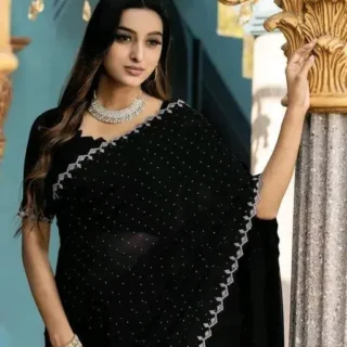 Satin Silk Saree: Beaded, Stone Border