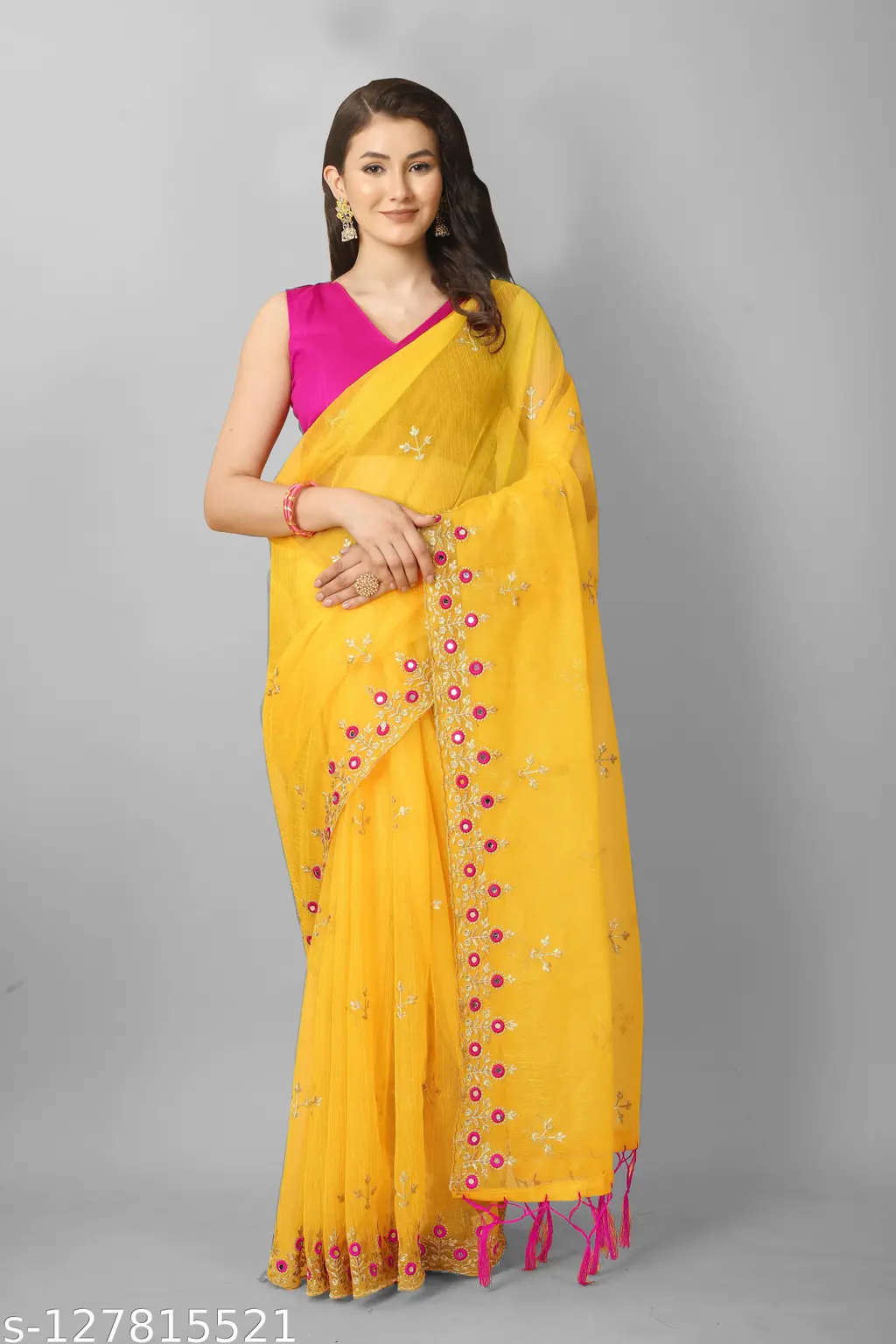 Embroidered Net Sari & Unstitched Blouse - Image 4