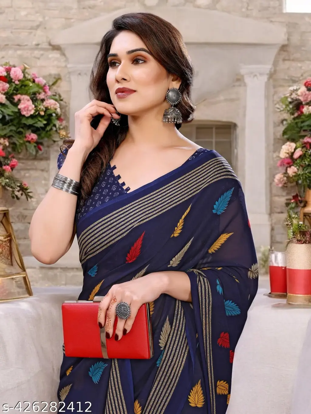 Bollywood Blue Floral Georgette Saree - Image 3