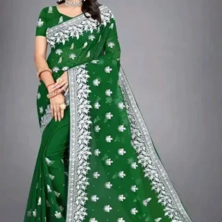 Embroidered Georgette Saree Green Silver Stone
