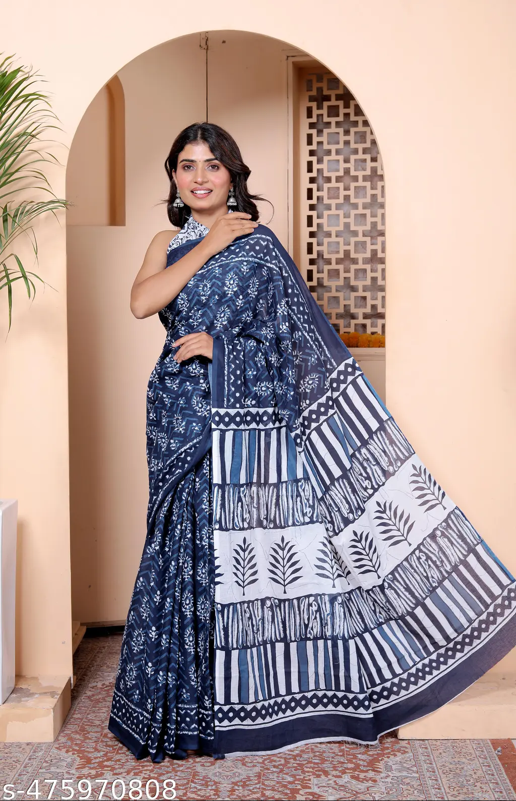 Jaipuri Hand Block Printed Cotton Saree - Image 3