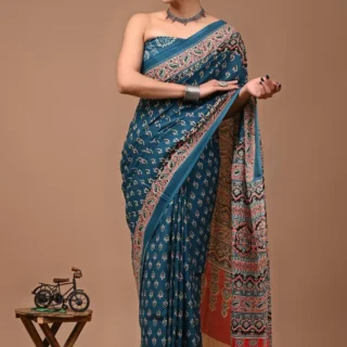 Indigo Block Print Mulmul Saree Blouse