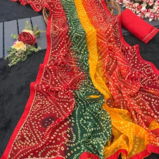 ztwnp_1024.webp Navsarjan Bandhani Georgette Saree Red